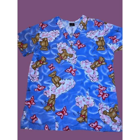 Teddy Bear Clouds Medical Scrubs Uniform Nurse Scrub Top Size M - Picture 1 of 8